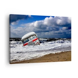 Cuadro sobre lienzo - Impresión de Imagen - Un autobús hundido en la playa en medio de olas y mares agitados - 70x50cm - ¿Y qué te sorprende? - Decoración de pared moderna para salón y dormitorio ARTTOR