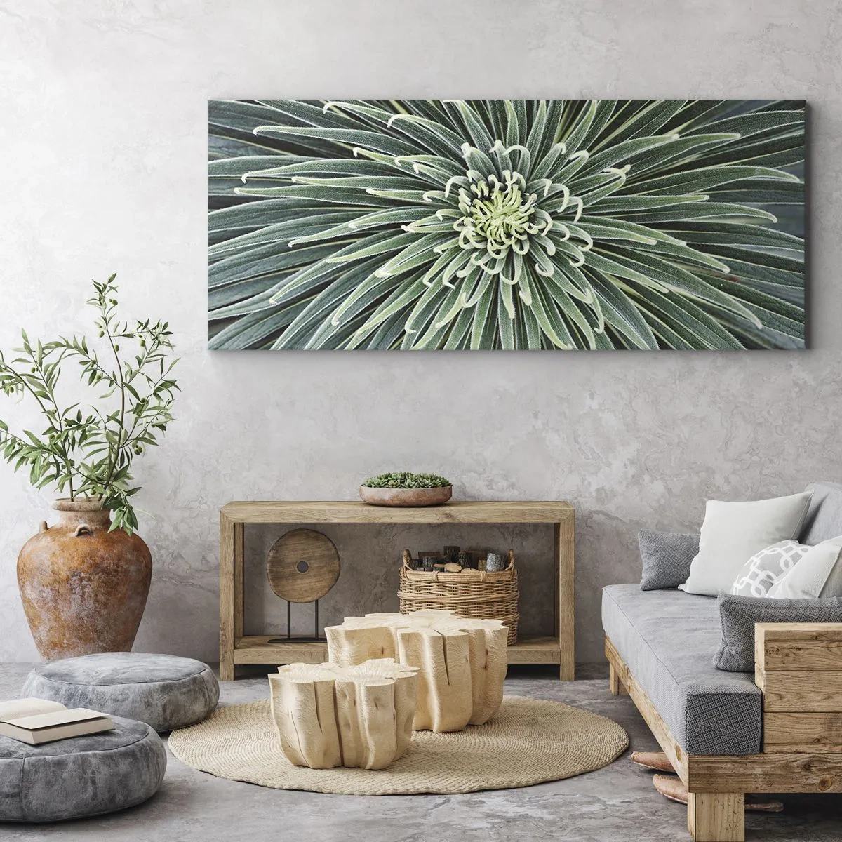 Cuadro sobre lienzo - Impresión de Imagen - Disposición simétrica de hojas verdes que se asemeja a una estrella. - 160x50cm - El nacimiento de una estrella - Decoración de pared moderna para salón y dormitorio ARTTOR