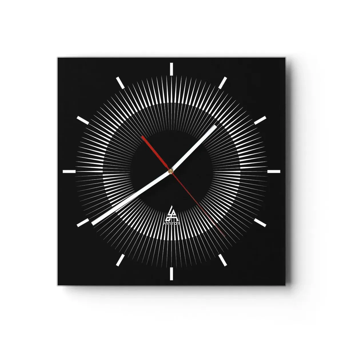 Reloj de pared - Reloj de vidrio - Círculo gráfico con rayos en blanco y negro - 30x30cm - Sol negro - Decoración de pared moderna para salón y dormitorio ARTTOR