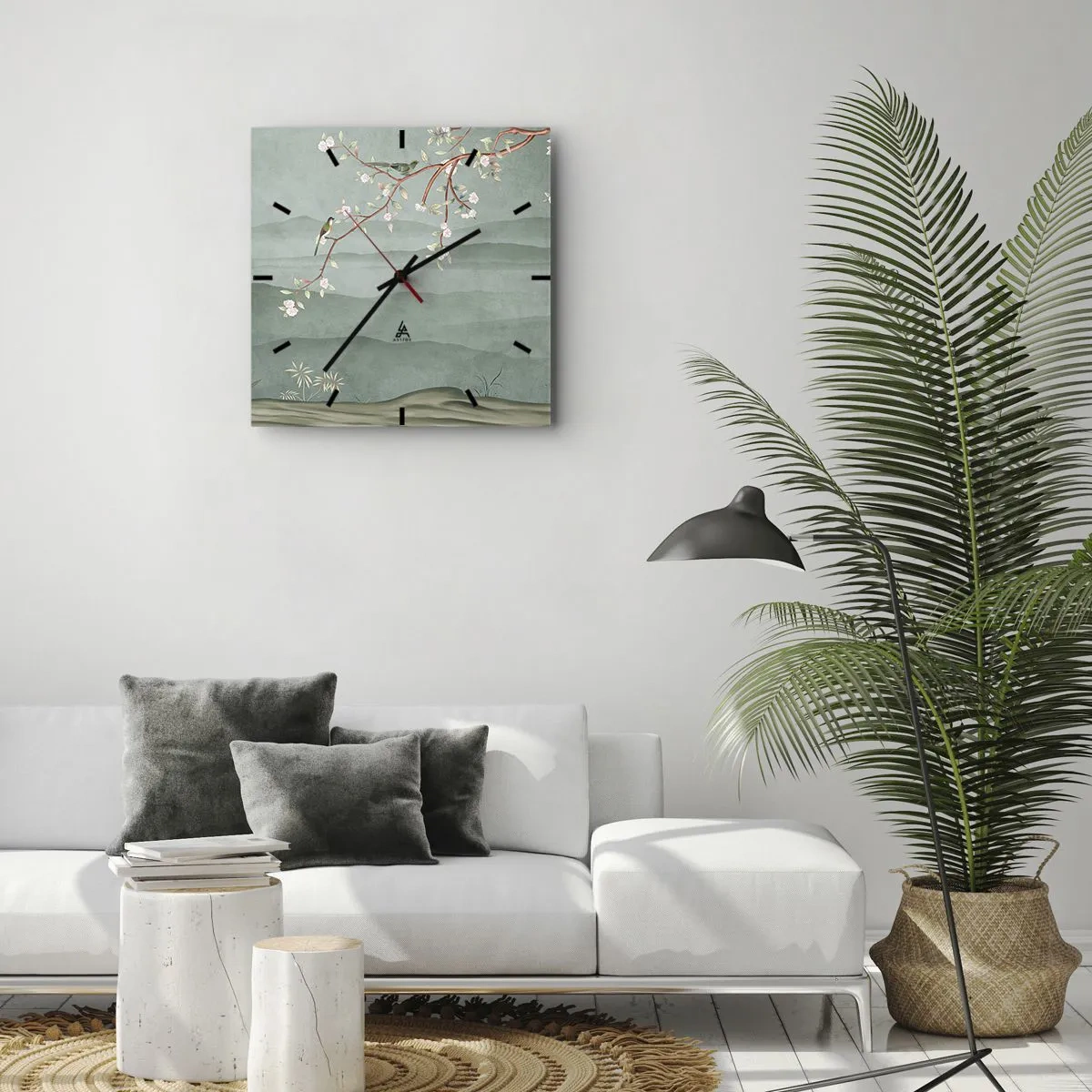 Reloj de pared - Reloj de vidrio - Una imagen pintoresca de la rama de un árbol en flor con pájaros sobre un fondo de colinas verdes. - 30x30cm - Primavera, ah, eres tú - Decoración de pared moderna para salón y dormitorio ARTTOR