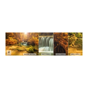 Muestra de fotomural autoadhesivo Deluxe Sticker - Cascada forestal en oro - Paisaje, Cascada, Tailandia - 100x30 cm