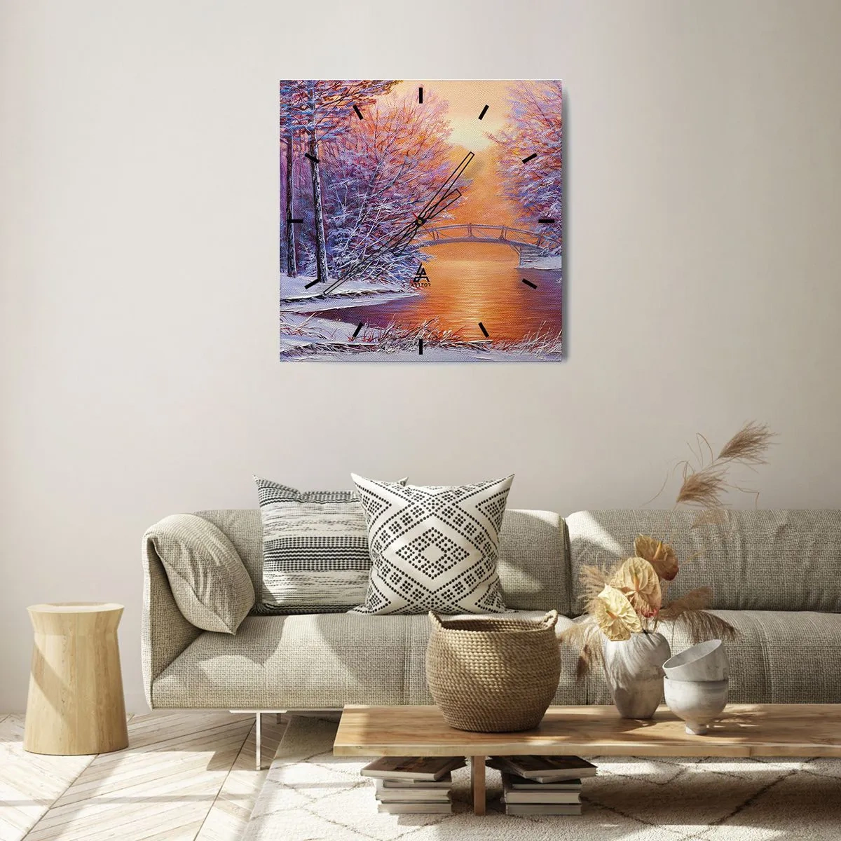 Reloj de pared - Reloj de vidrio - Paisaje invernal con puente y puesta de sol - 30x30cm - Reunámonos aquí - Decoración de pared moderna para salón y dormitorio ARTTOR