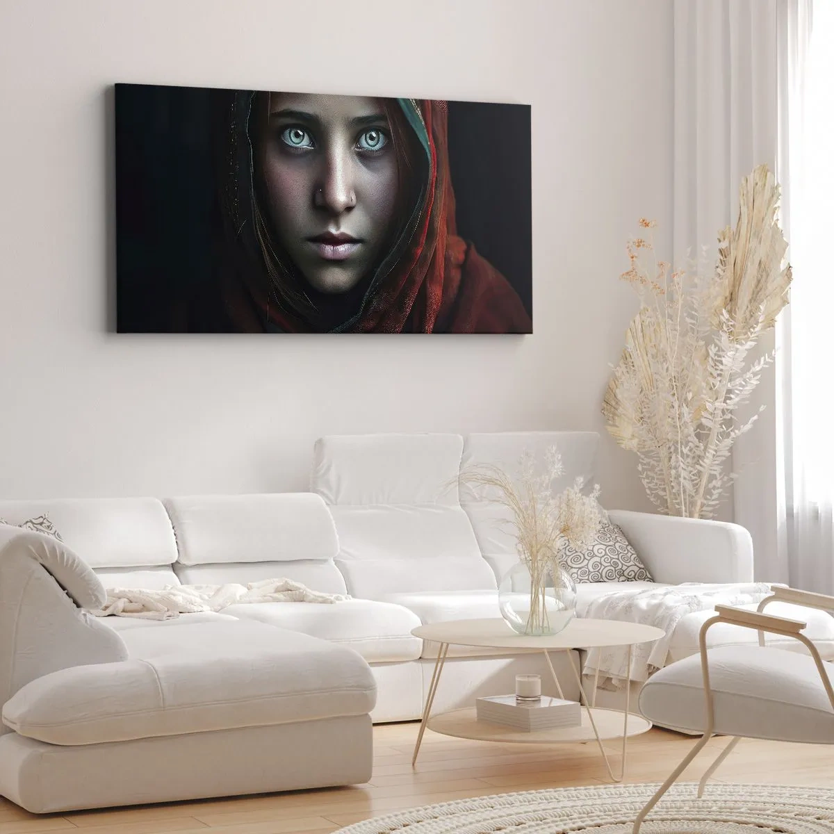 Cuadro sobre lienzo - Impresión de Imagen - Retrato de una mujer con una mirada intensa en colores cálidos. - 120x50cm - Princesa del Este - Decoración de pared moderna para salón y dormitorio ARTTOR