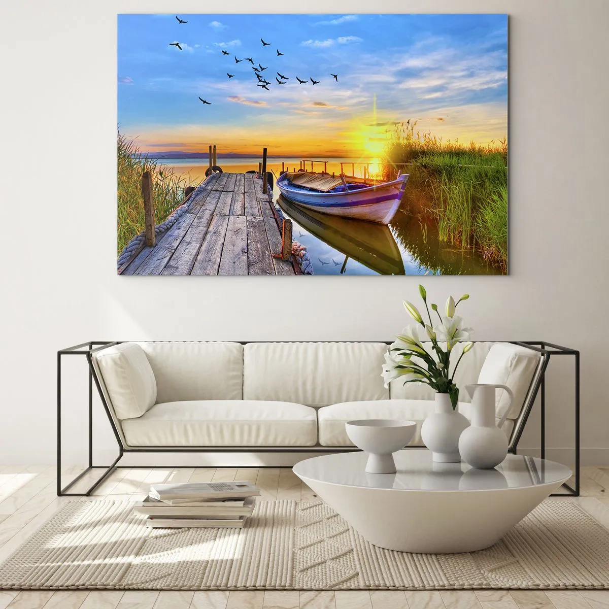 Cuadro sobre vidrio - Impresiones sobre Vidrio - Muelle de madera sobre un lago con un barco al amanecer - 70x50cm - Adiós, hasta mañana - Decoración de pared moderna para salón y dormitorio ARTTOR