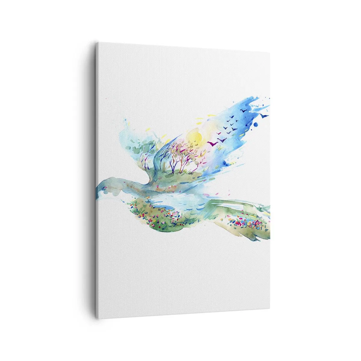 Cuadro sobre lienzo - Impresión de Imagen - Composición en acuarela de un pájaro con elementos de la naturaleza. - 50x70cm - En las alas de la naturaleza - Decoración de pared moderna para salón y dormitorio ARTTOR