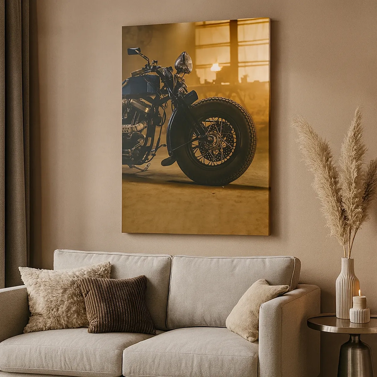 Cuadro sobre lienzo - Impresión de Imagen - Una motocicleta elegante en un interior industrial con iluminación cálida. - 50x70cm - Puedo hacer cualquier cosa - Decoración de pared moderna para salón y dormitorio ARTTOR