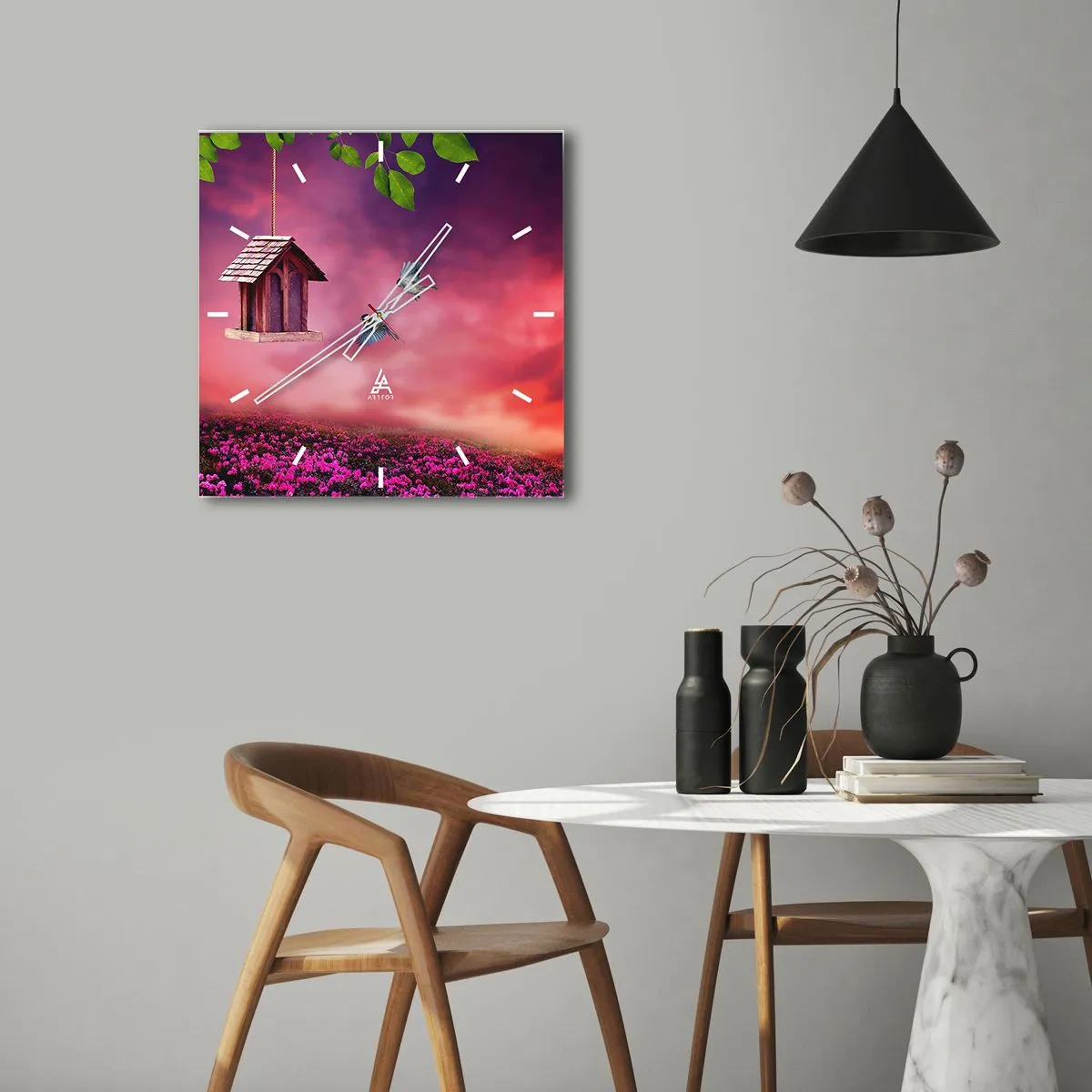 Reloj de pared - Reloj de vidrio - Un paisaje pintoresco con una casa para pájaros y una puesta de sol. - 30x30cm - Invitación a una cena - Decoración de pared moderna para salón y dormitorio ARTTOR