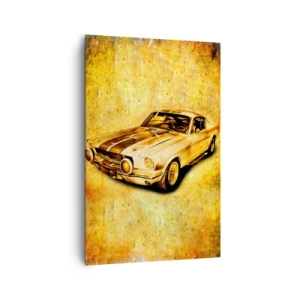 Cuadro sobre lienzo - Impresión de Imagen - Coche deportivo retro clásico sobre un fondo vintage en tonos dorados. - 80x120cm - Los locos años 70. - Decoración de pared moderna para salón y dormitorio ARTTOR