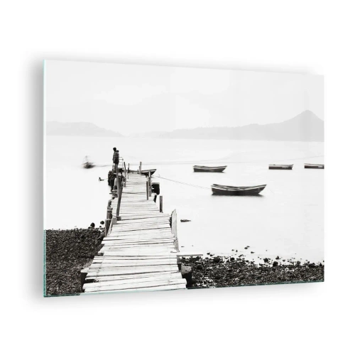 Cuadro sobre vidrio - Impresiones sobre Vidrio - Vista en blanco y negro de un muelle de madera sobre un lago. - 70x50cm - Junto al agua tranquila y clara - Decoración de pared moderna para salón y dormitorio ARTTOR
