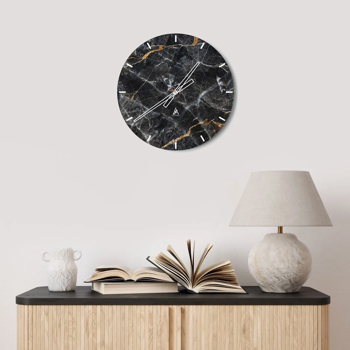 Reloj de pared - Reloj de vidrio - Estructura de mármol negro con vetas claras y doradas. - 30x30cm - La vida interior de la piedra - Decoración de pared moderna para salón, cocina y dormitorio ARTTOR