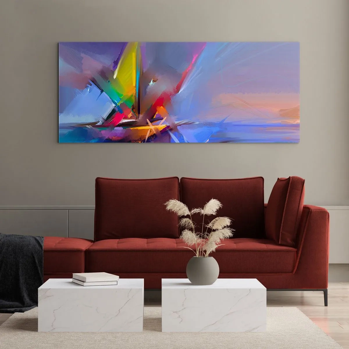 Cuadro sobre vidrio - Impresiones sobre Vidrio - Composición abstracta con colores intensos. - 160x50cm - Como un pájaro - Decoración de pared moderna para salón y dormitorio ARTTOR