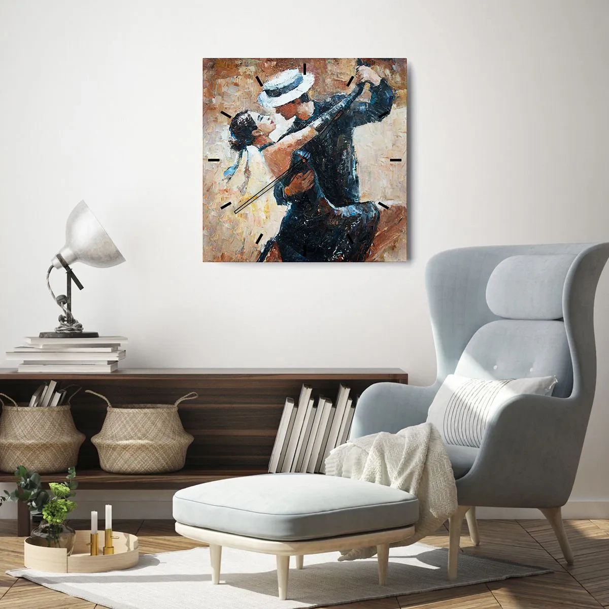 Reloj de pared - Reloj de vidrio - Una pareja bailando tango en un estilo romántico y elegante. - 30x30cm - Estilo Rudolf Valentino - Decoración de pared moderna para salón y dormitorio ARTTOR