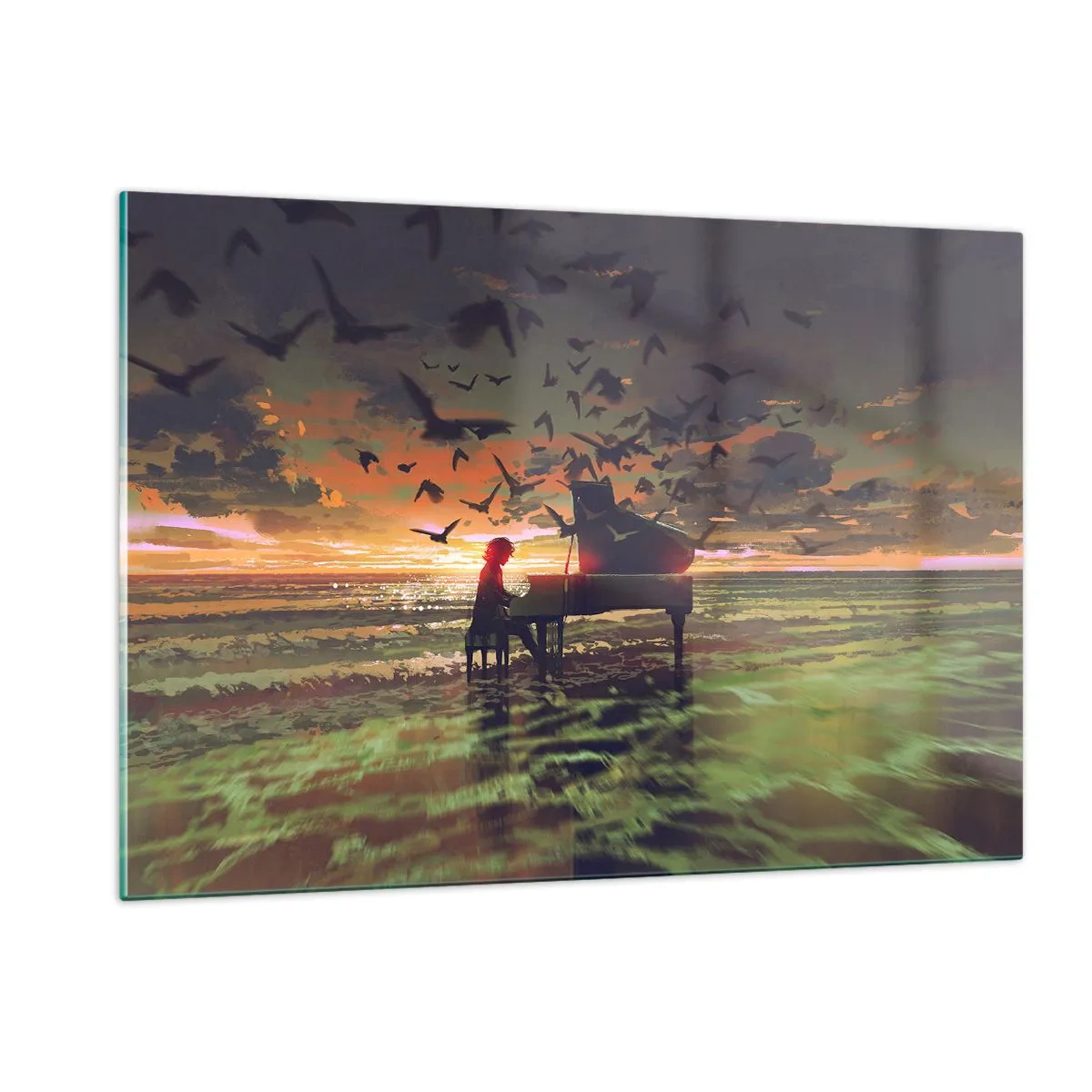 Cuadro sobre vidrio - Impresiones sobre Vidrio - Pianista tocando el piano en la playa al atardecer - 120x80cm - Concierto de piano y olas - Decoración de pared moderna para salón y dormitorio ARTTOR