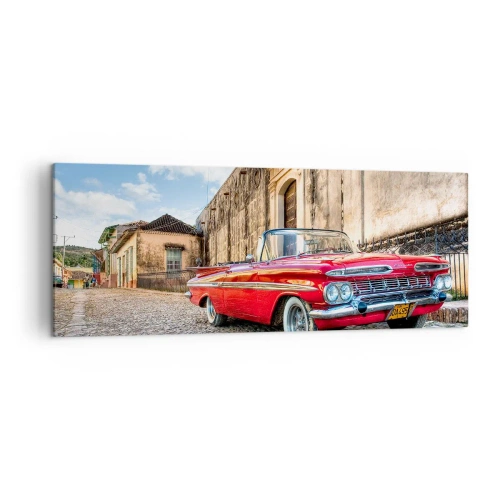 Cuadro sobre lienzo - Impresión de Imagen - Coche clásico rojo en una calle adoquinada - 140x50cm - Emociones cubanas - Decoración de pared moderna para salón y dormitorio ARTTOR