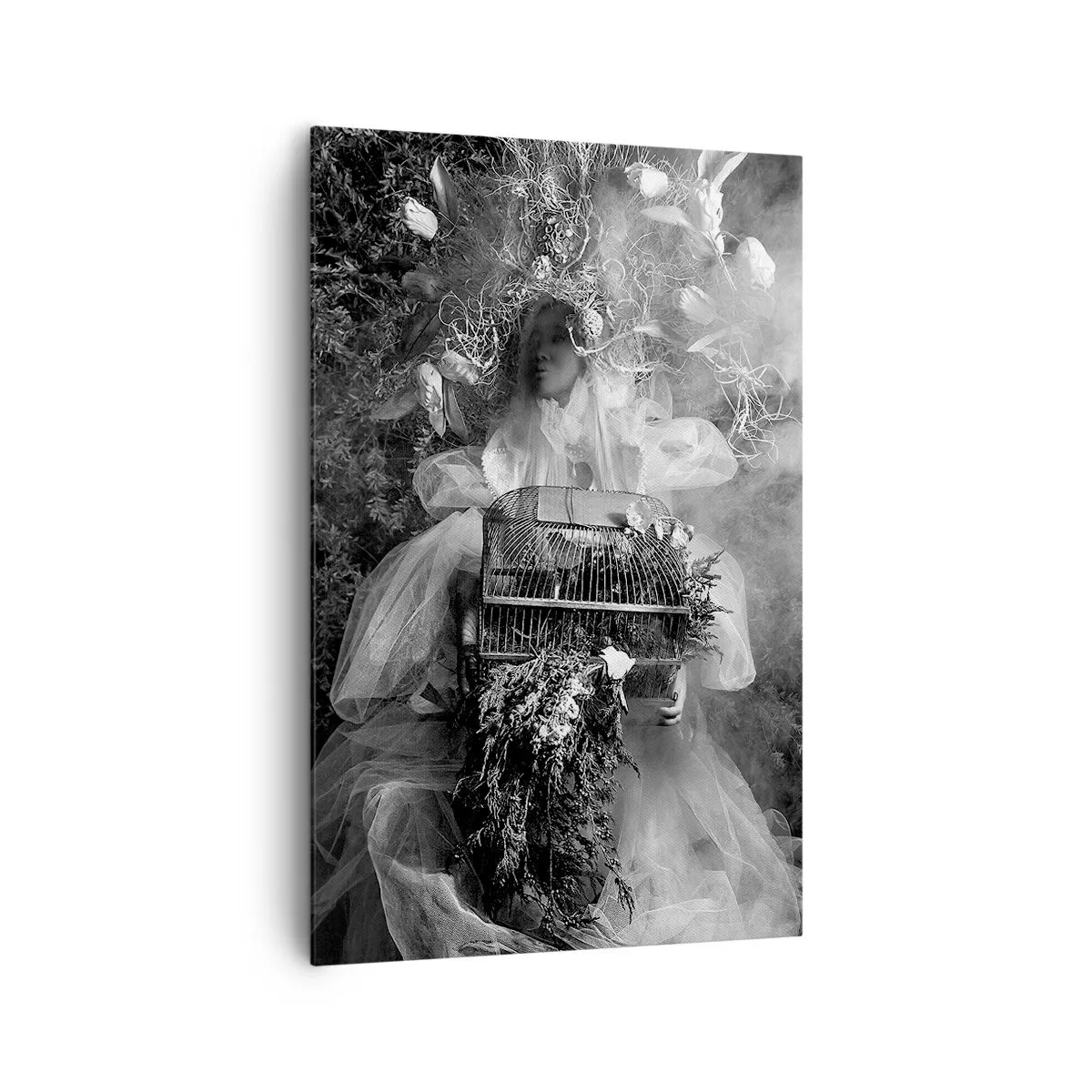 Cuadro sobre lienzo - Impresión de Imagen - Una composición en blanco y negro con una figura con un vestido y una jaula en la niebla. - 80x120cm - La madre misma - La naturaleza - Decoración de pared moderna para salón y dormitorio ARTTOR