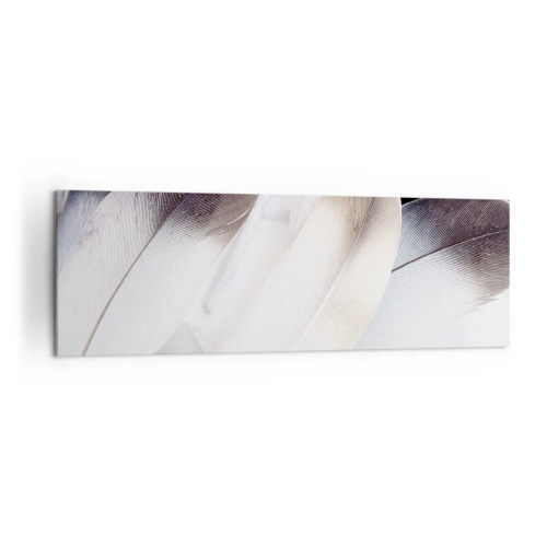 Cuadro sobre lienzo - Impresión de Imagen - Primer plano de delicadas plumas en tonos blancos y grises. - 160x50cm - Casi angelical - Decoración de pared moderna para salón y dormitorio ARTTOR