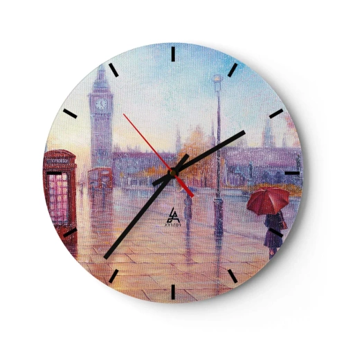 Reloj de pared - Reloj de vidrio - Un pintoresco paisaje urbano con el Big Ben y un paraguas rojo. - 30x30cm - Un día de otoño en Londres - Decoración de pared moderna para salón, cocina y dormitorio ARTTOR
