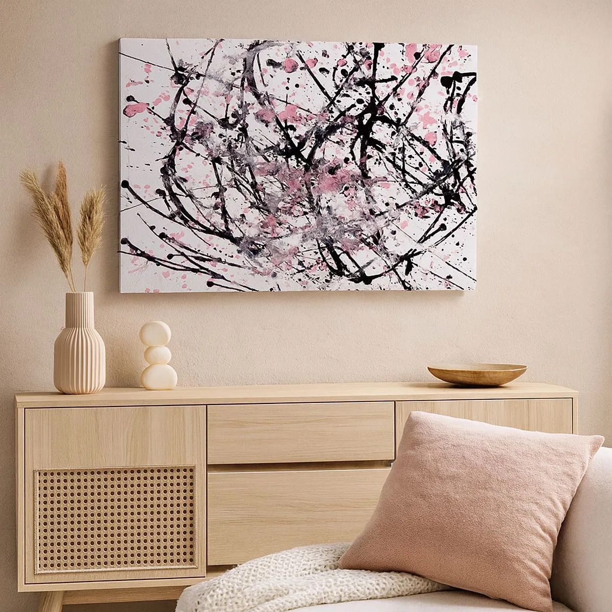 Cuadro sobre lienzo - Impresión de Imagen - Patrón abstracto en tonos rosa, negro y blanco. - 70x50cm - La fugacidad de la vida - Decoración de pared moderna para salón y dormitorio ARTTOR