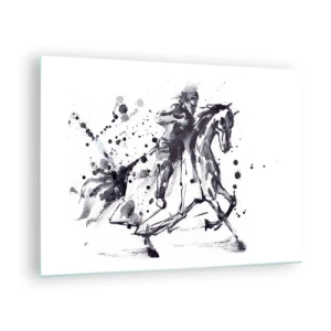 Cuadro sobre vidrio - Impresiones sobre Vidrio - Pintura en blanco y negro de un jinete a caballo en estilo abstracto. - 70x50cm - Caballero negro - Decoración de pared moderna para salón y dormitorio ARTTOR