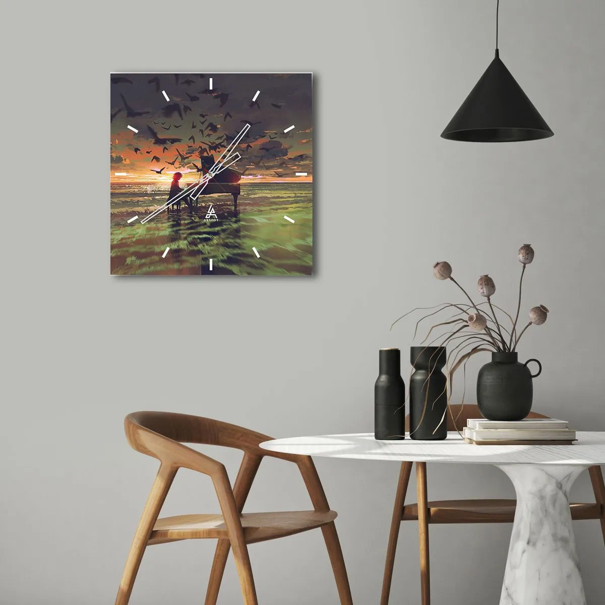 Reloj de pared - Reloj de vidrio - Un piano en la orilla del mar al atardecer con pájaros. - 30x30cm - Concierto de piano y olas - Decoración de pared moderna para salón y dormitorio ARTTOR