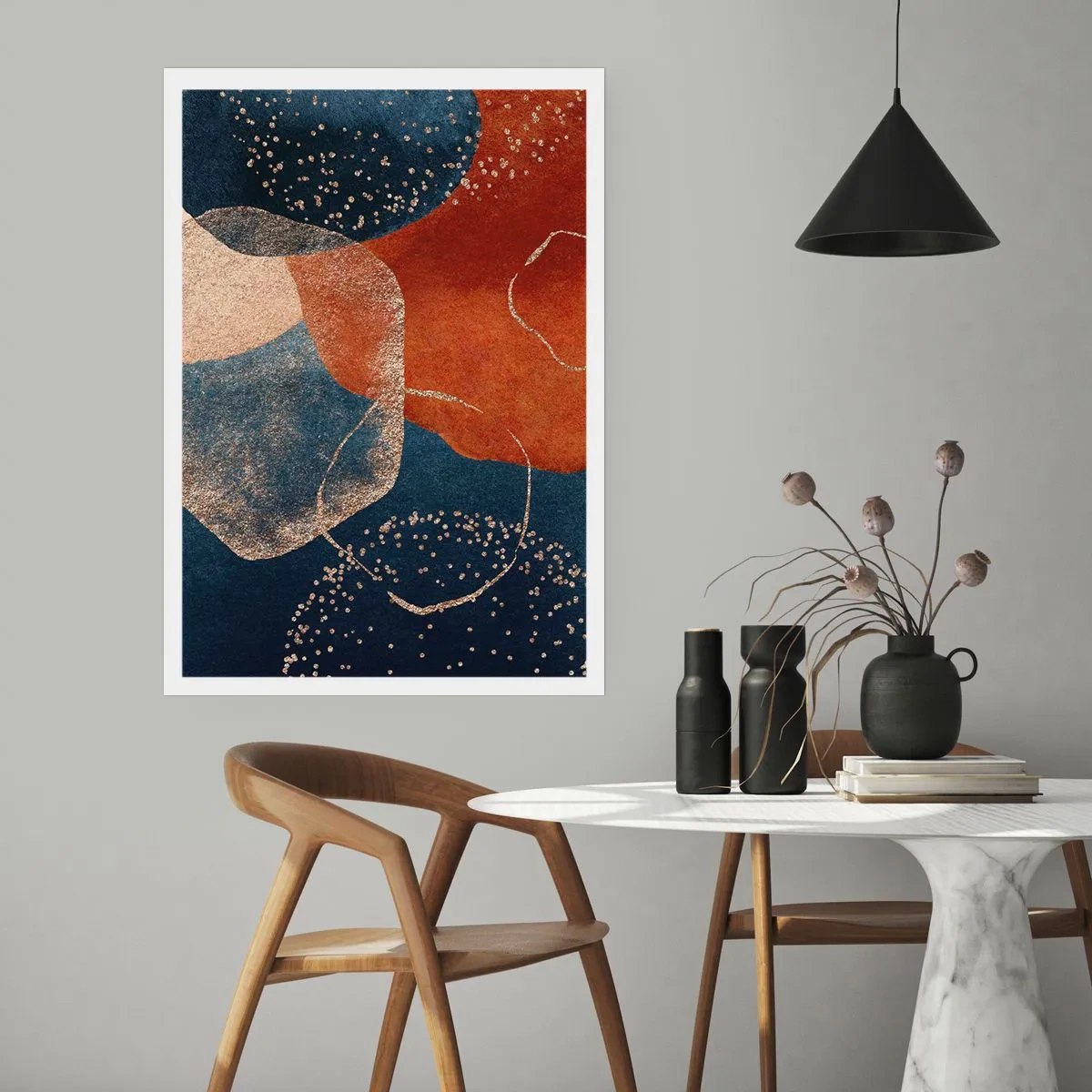 Póster - Una composición abstracta en tonos azul marino y dorado. - 50x70cm - La ligereza del ser - Decoración de pared moderna para salón y dormitorio ARTTOR