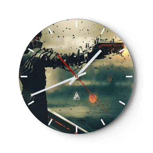 Reloj de pared - Reloj de vidrio - Un personaje futurista con un arma cibernética en un entorno dinámico. - 30x30cm - Arma letal: tu propio Terminator - Decoración de pared moderna para salón, cocina y dormitorio ARTTOR