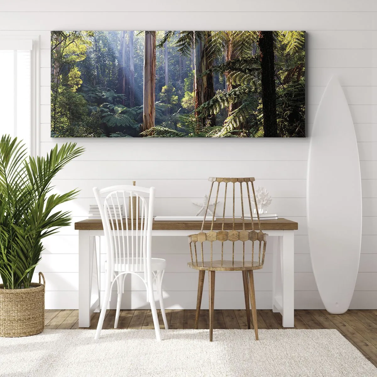 Cuadro sobre lienzo - Impresión de Imagen - Bosque tropical iluminado por los rayos del sol - 160x50cm - Un cuento de hadas del bosque - Decoración de pared moderna para salón y dormitorio ARTTOR