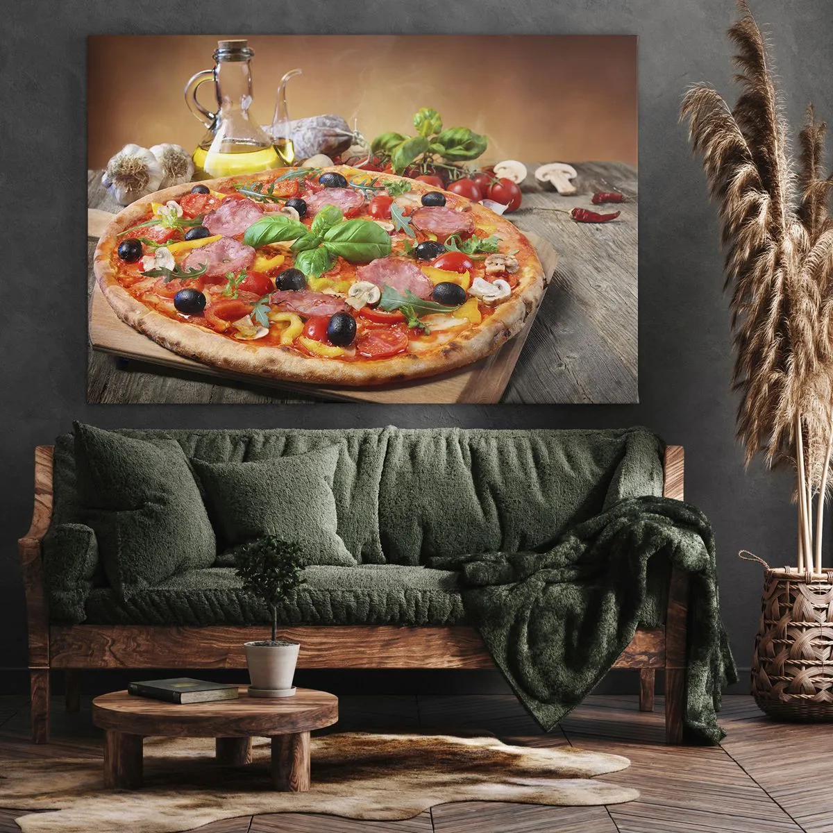 Cuadro sobre lienzo - Impresión de Imagen - Deliciosa pizza en una mesa de madera con ingredientes. - 70x50cm - Con un verdadero sabor italiano - Decoración de pared moderna para salón y dormitorio ARTTOR