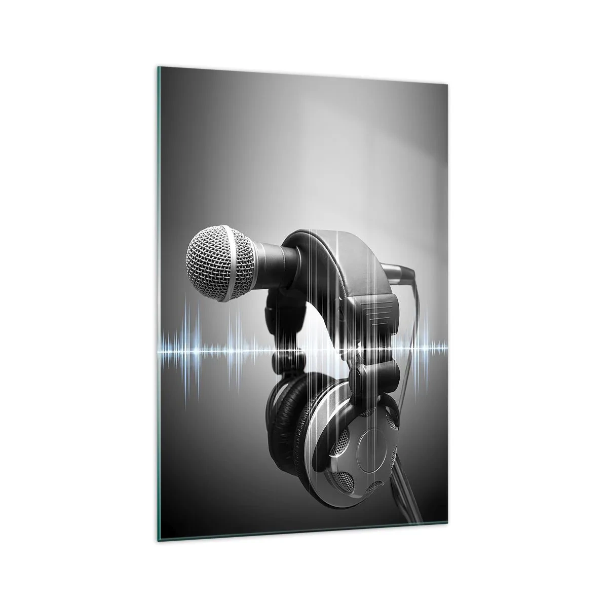 Cuadro sobre vidrio - Impresiones sobre Vidrio - Micrófono y auriculares con visualización de ondas sonoras de fondo. - 70x100cm - Todavía se puede escuchar el canto - Decoración de pared moderna para salón y dormitorio ARTTOR