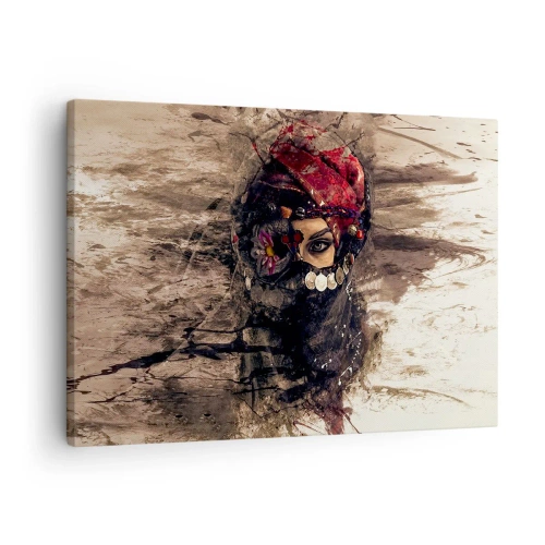Cuadro sobre lienzo - Impresión de Imagen - Retrato artístico de una mujer con atuendo oriental sobre un fondo abstracto. - 70x50cm - Inquietante, como mínimo - Decoración de pared moderna para salón y dormitorio ARTTOR