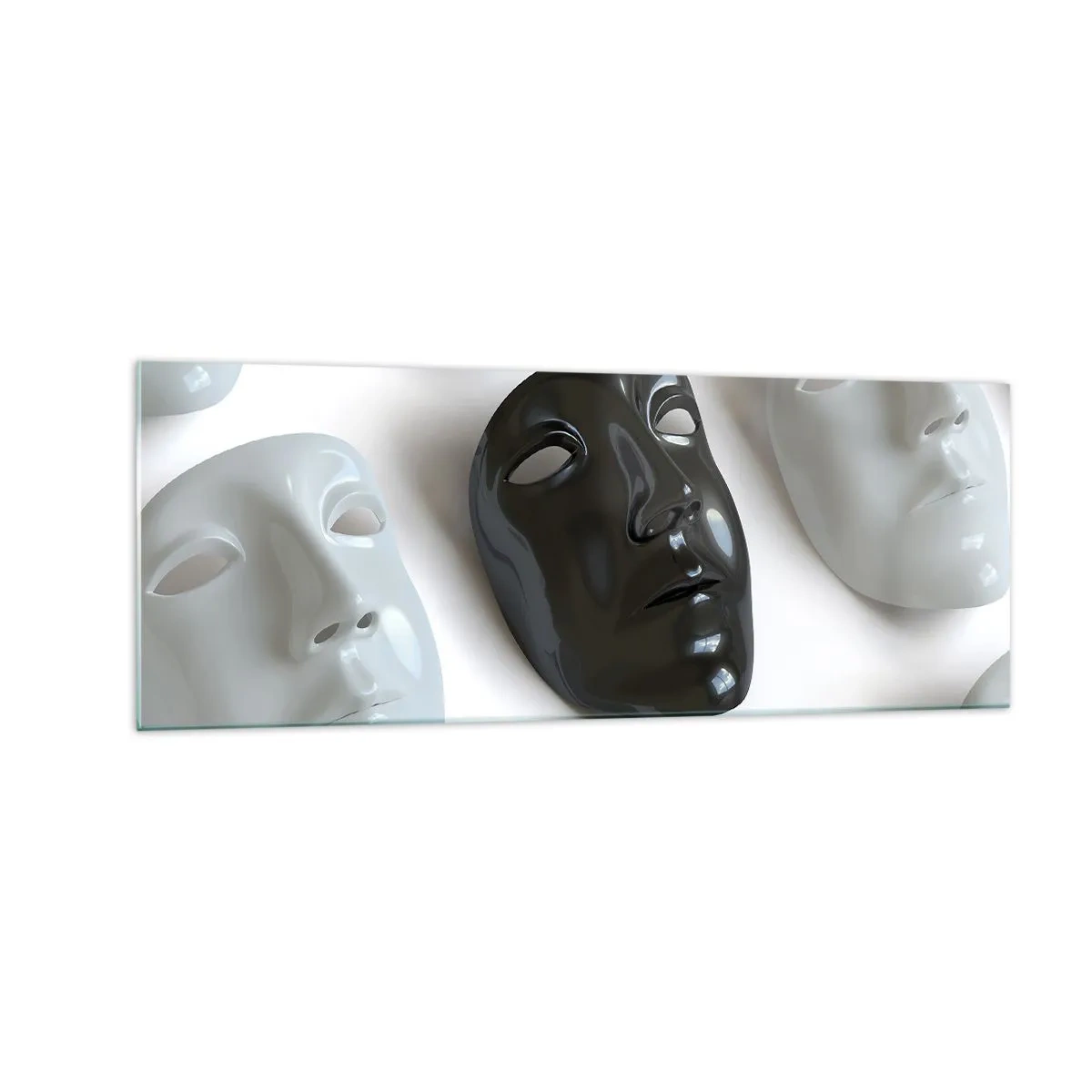 Cuadro sobre vidrio - Impresiones sobre Vidrio - Máscaras en blanco y negro sobre un fondo claro - 140x50cm - ¿Cómo destacar? - Decoración de pared moderna para salón y dormitorio ARTTOR