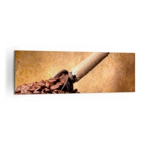 Cuadro sobre lienzo - Impresión de Imagen - Granos de café en una bolsa de yute con una cuchara de metal. - 160x50cm - En la fuente del sabor - Decoración de pared moderna para salón y dormitorio ARTTOR