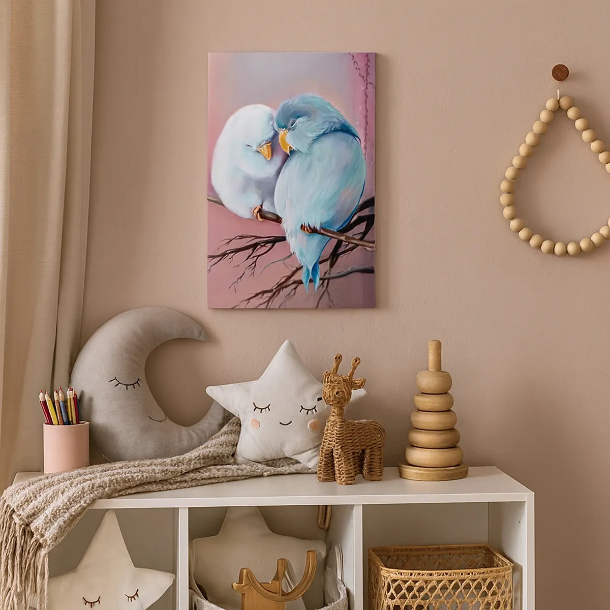 Cuadro sobre lienzo - Impresión de Imagen - Dos pájaros enamorados en una rama sobre un fondo rosa. - 50x70cm - Qué añadir aquí... - Decoración de pared moderna para salón y dormitorio ARTTOR