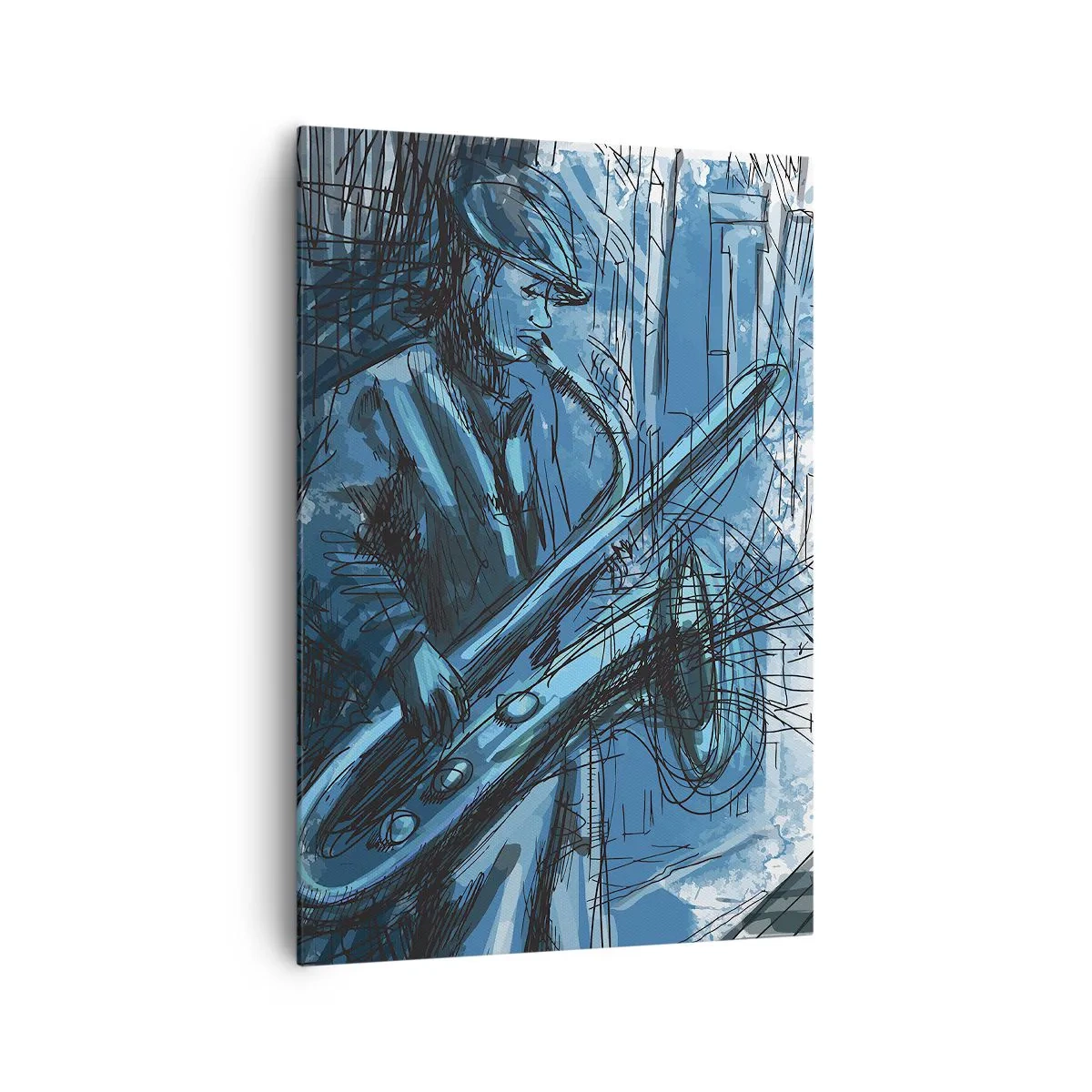 Cuadro sobre lienzo - Impresión de Imagen - Una figura tocando el saxofón con una ciudad como telón de fondo. - 70x100cm - Rapsodia urbana - Decoración de pared moderna para salón y dormitorio ARTTOR