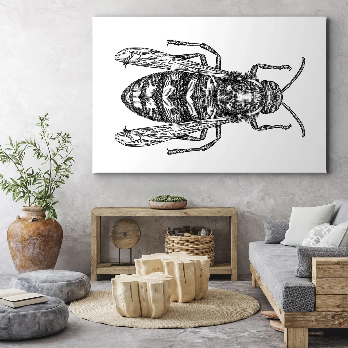 Cuadro sobre lienzo - Impresión de Imagen - Un motivo de avispa de dibujos animados sobre un fondo blanco en un estilo minimalista. - 120x80cm - Desde un planeta de insectos - Decoración de pared moderna para salón y dormitorio ARTTOR