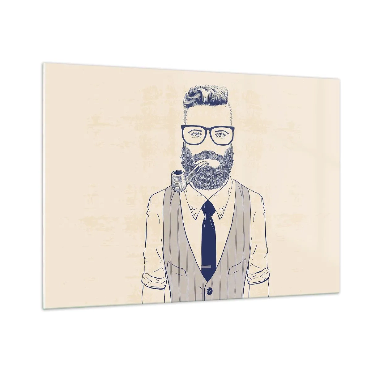 Cuadro sobre vidrio - Impresiones sobre Vidrio - Un hombre estilizado con barba, gafas y pipa sobre un fondo claro. - 100x70cm - Alegre, masculino y a la moda - Decoración de pared moderna para salón y dormitorio ARTTOR