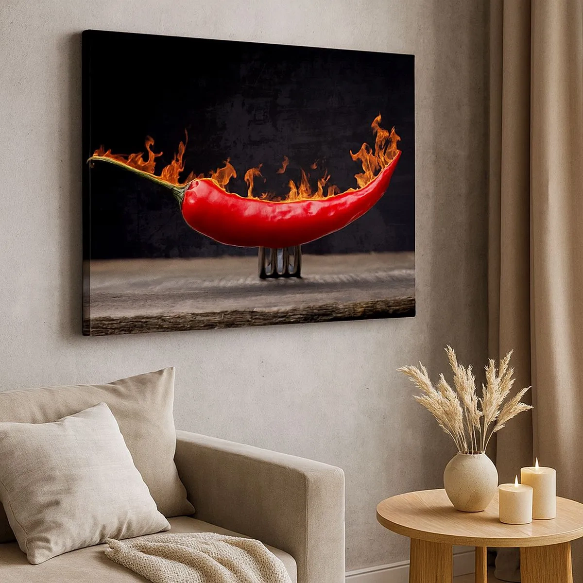 Cuadro sobre lienzo - Impresión de Imagen - Pimiento rojo flameado en un tenedor - 70x50cm - Un aperitivo ardiente - Decoración de pared moderna para salón y dormitorio ARTTOR