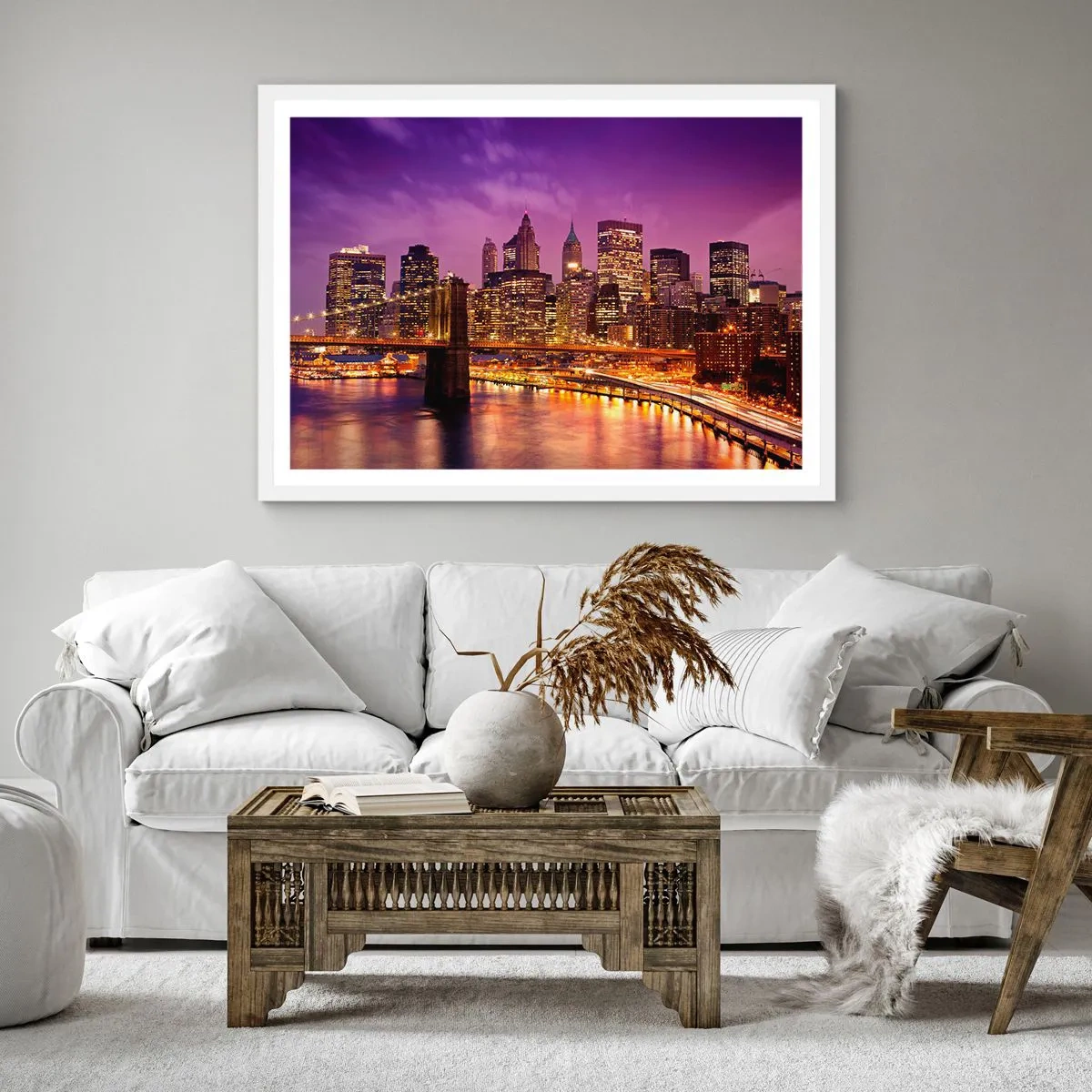 Póster en marco blanco - Manhattan púrpura y dorado - 30x30 cm