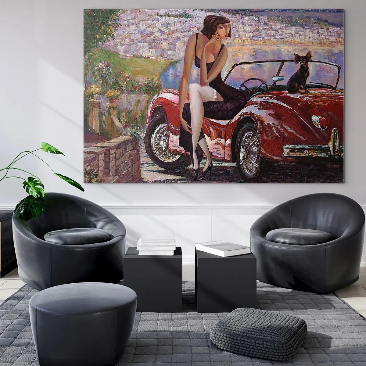 Cuadro sobre vidrio - Impresiones sobre Vidrio - Una mujer y un perro junto a un coche rojo con un paisaje al fondo. - 70x50cm - Paseo veraniego - Decoración de pared moderna para salón y dormitorio ARTTOR