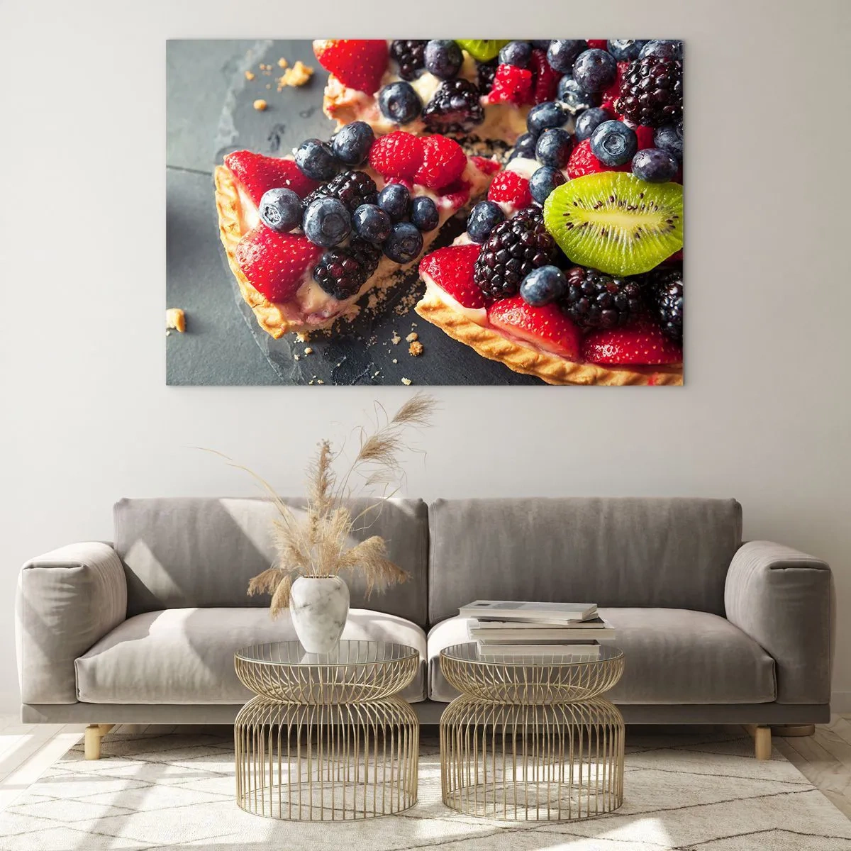 Cuadro sobre vidrio - Impresiones sobre Vidrio - Tarta de frutas con arándanos, kiwi y fresas - 100x70cm - ¡Dolce vita! - Decoración de pared moderna para salón y dormitorio ARTTOR
