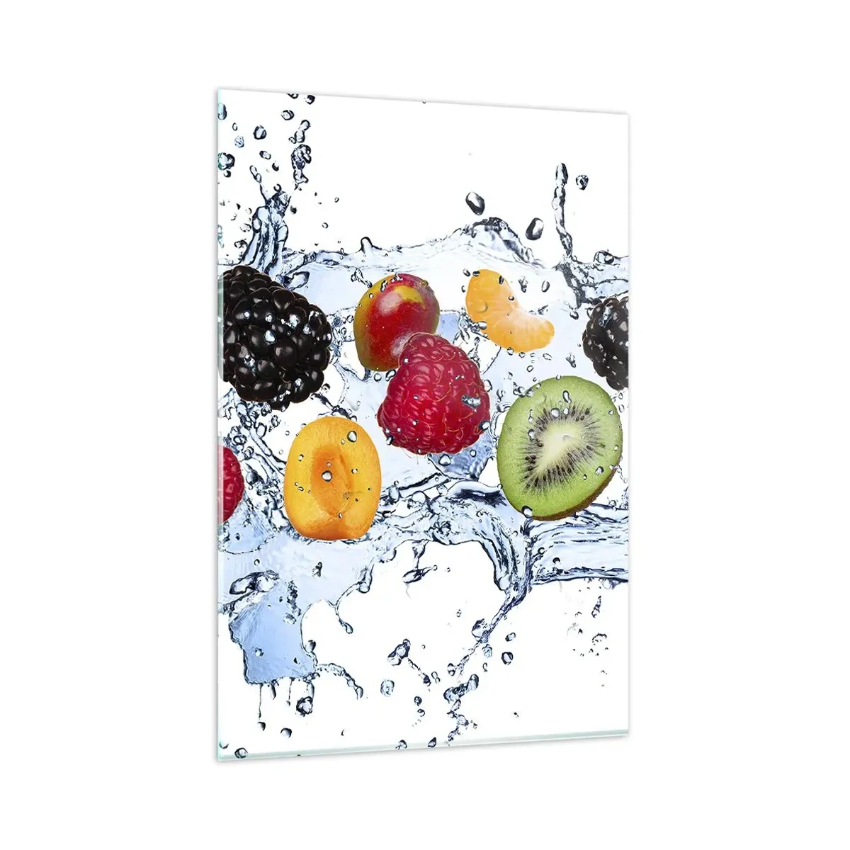Cuadro sobre vidrio - Impresiones sobre Vidrio - Frutas coloridas sumergidas en salpicaduras de agua sobre un fondo blanco - 80x120cm - Juega con nosotros - Decoración de pared moderna para salón y dormitorio ARTTOR