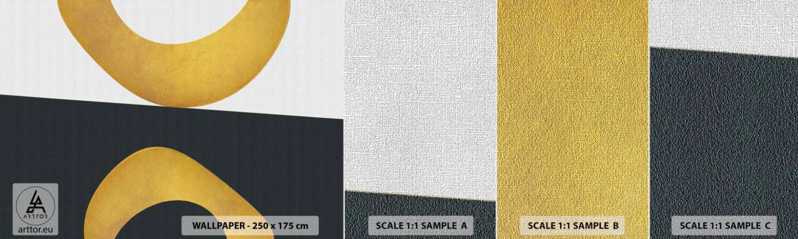 Muestra de fotomural Premium Canvas - Blanco, negro, dorado - Abstracción, formas, Ruedas - 100x30 cm