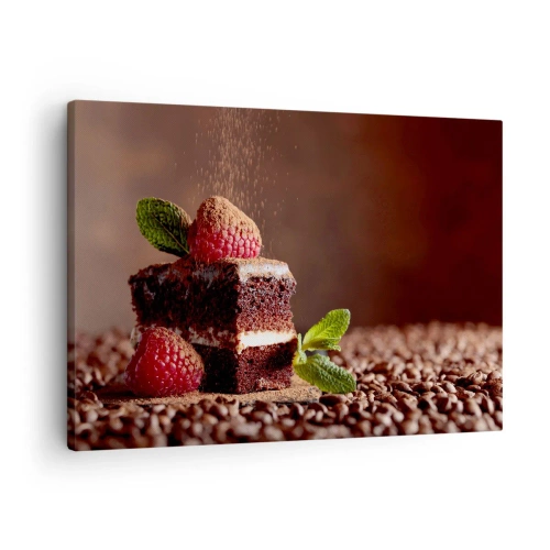 Cuadro sobre lienzo - Impresión de Imagen - Pastel de chocolate con frambuesas y menta sobre un fondo de granos de cacao. - 70x50cm - La vida es dulce - Decoración de pared moderna para salón y dormitorio ARTTOR