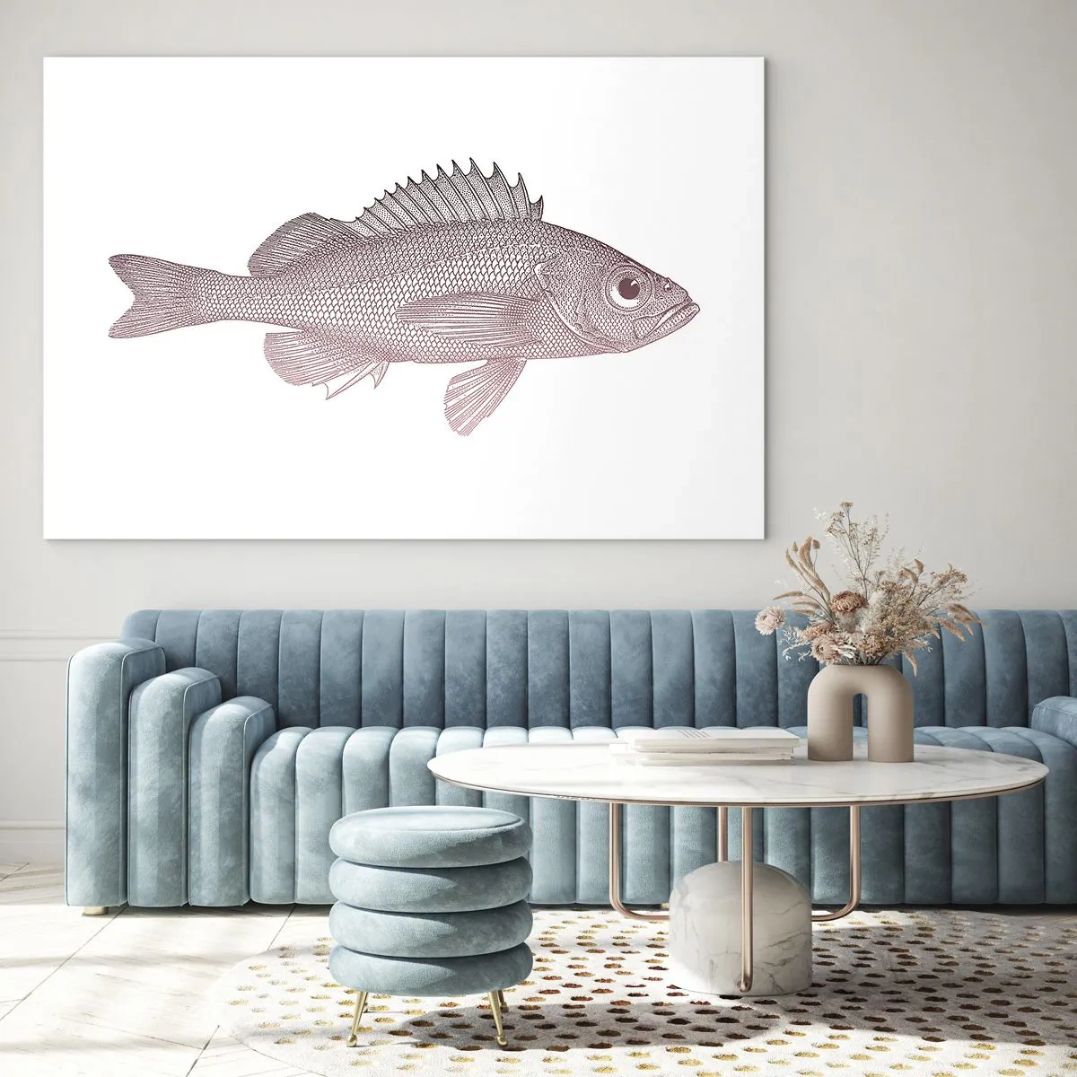 Cuadro sobre vidrio - Impresiones sobre Vidrio - Gráfico de un pez con un ojo grande en estilo retro sobre un fondo blanco. - 70x50cm - Pez de ojos grandes - Decoración de pared moderna para salón y dormitorio ARTTOR