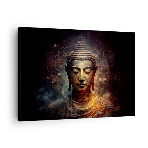 Cuadro sobre lienzo - Impresión de Imagen - Buda dorado sobre un fondo oscuro con adornos. - 70x50cm - Equilibrio espiritual - Decoración de pared moderna para salón y dormitorio ARTTOR
