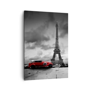 Cuadro sobre lienzo - Impresión de Imagen - Coche retro rojo frente a la Torre Eiffel en blanco y negro - 50x70cm - No hace mucho tiempo, en París - Decoración de pared moderna para salón y dormitorio ARTTOR