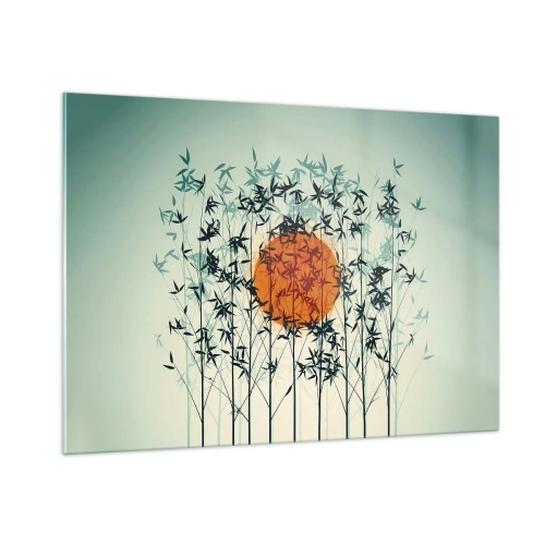 Cuadro sobre vidrio - Impresiones sobre Vidrio - Sol rojo entre delicadas hojas de bambú - 100x70cm - El sol de Japón - Decoración de pared moderna para salón y dormitorio ARTTOR