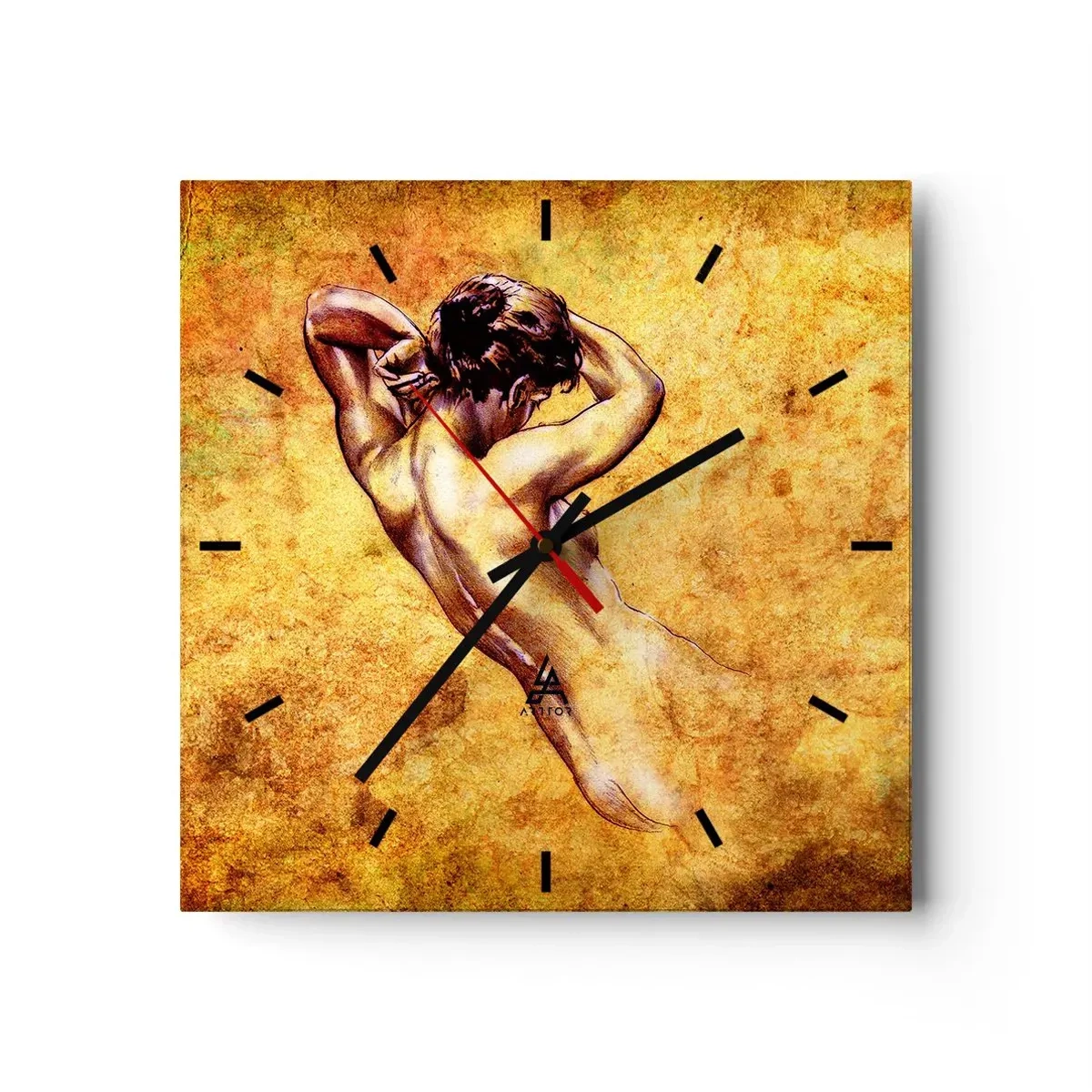 Reloj de pared - Reloj de vidrio - Desnudo femenino artístico sobre fondo dorado en estilo clásico. - 30x30cm - Revelado, pero todavía un misterio - Decoración de pared moderna para salón y dormitorio ARTTOR