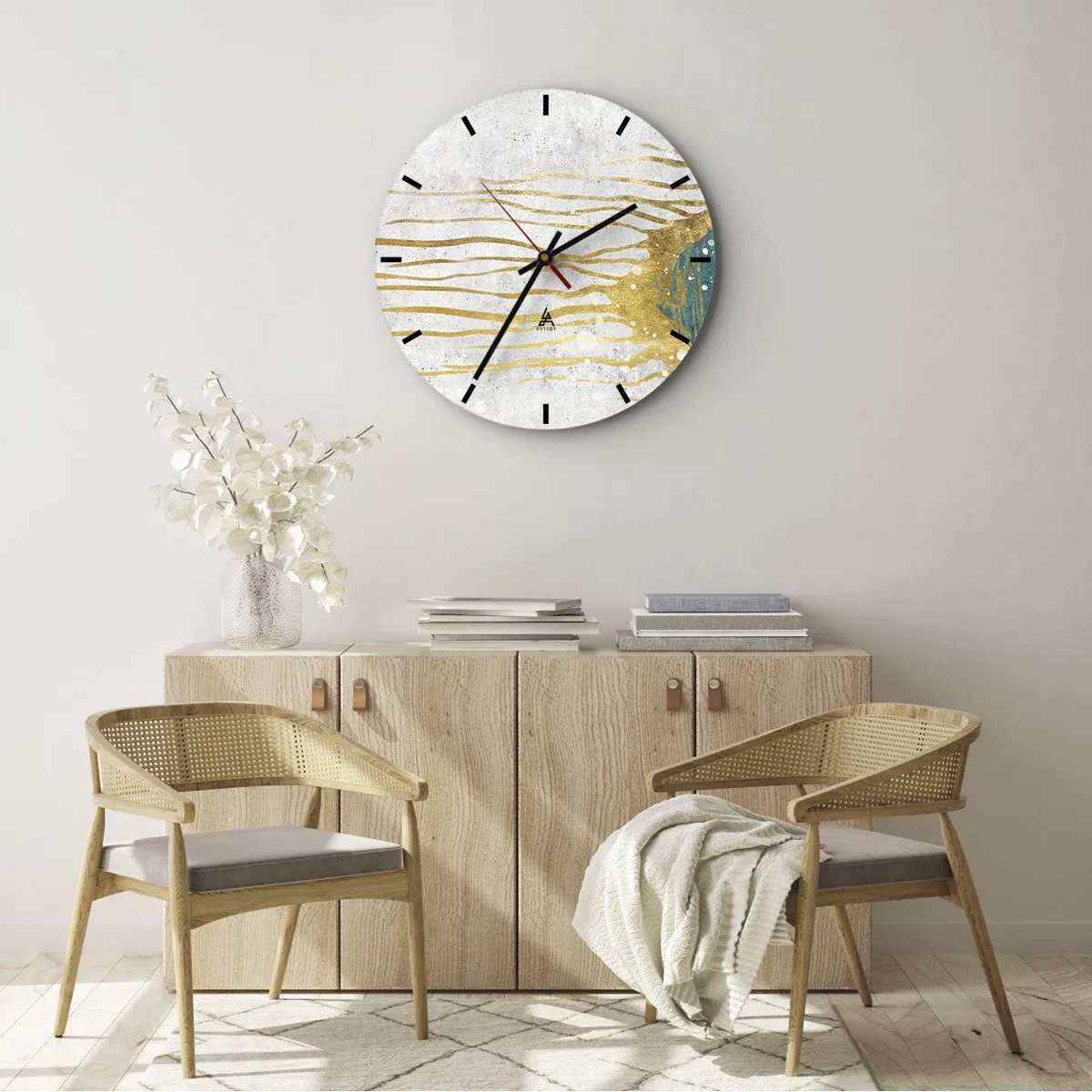 Reloj de pared - Reloj de vidrio - Líneas doradas y textura turquesa sobre un fondo blanco. - 30x30cm - Marea dorada - Decoración de pared moderna para salón, cocina y dormitorio ARTTOR