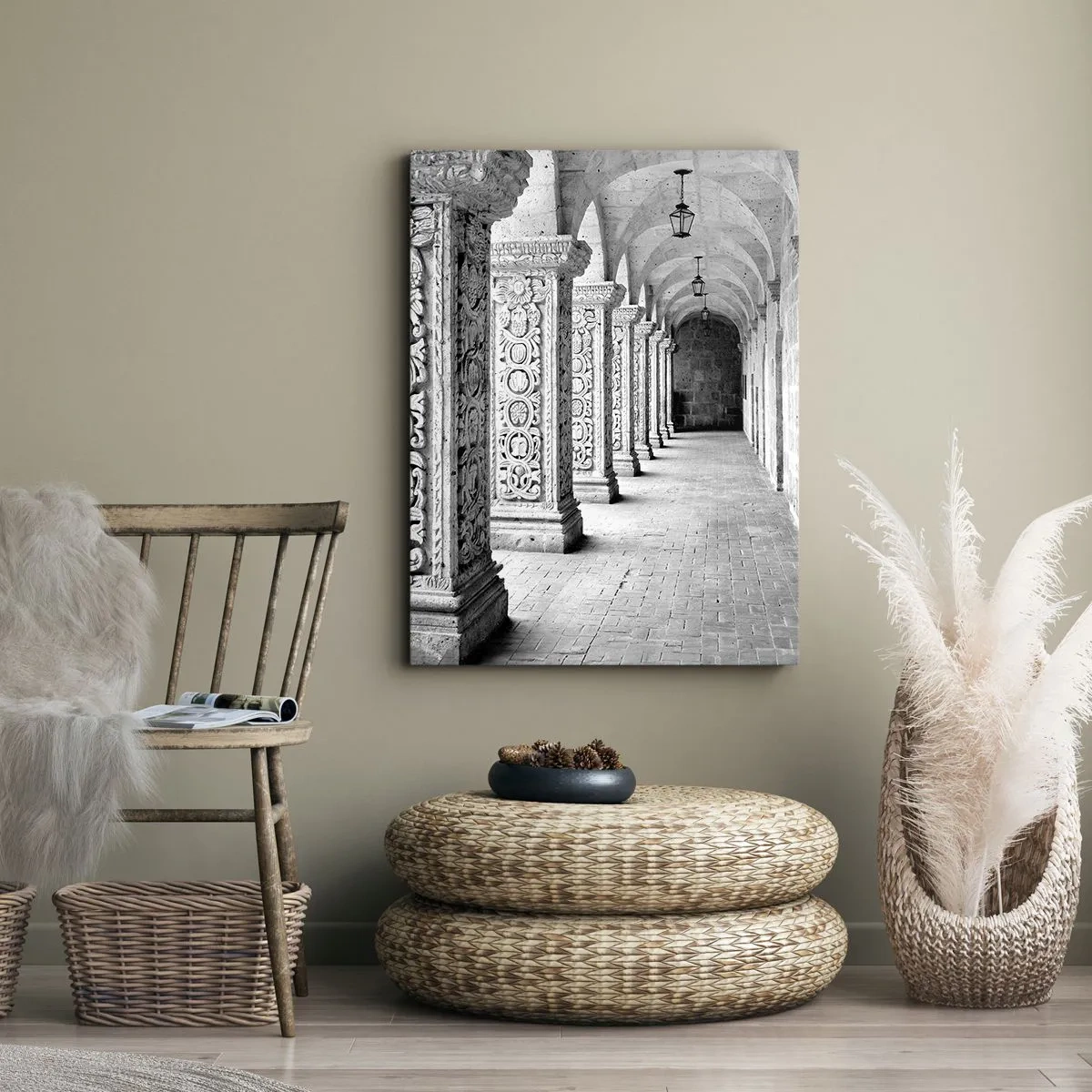 Cuadro sobre lienzo - Impresión de Imagen - Columnas históricas en una toma monocromática - 50x70cm - ¿Y adónde nos llevará...? - Decoración de pared moderna para salón y dormitorio ARTTOR